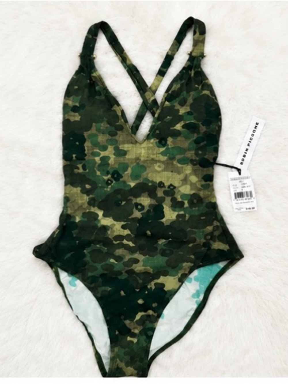 Robin Piccone NWT Green Camo One-Piece Swimsuit Size 8 Plunge Neck Crossback Tie